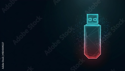 Futuristic glowing neon wireframe USB flash drive with digital particles on a dark background, representing data storage and technology.
