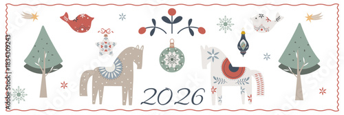 New Year's banner in folk style  with a white horse under fir branches with toys Year of the Horse Illustration in folk style