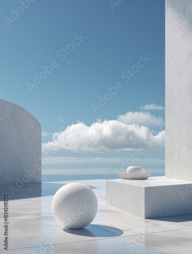 Conceptual minimalist architecture in cloud tones with clean geometric surfaces and soft clouds. Trendy cloud dancer color of the year