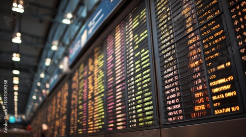 Close up view of a large departure board in an airport terminal displaying flight information