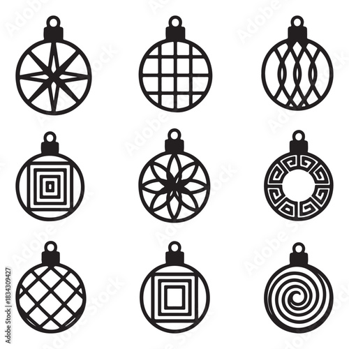9 Christmas Ornament Icons: Geometric Holiday Decoration Set. Laser Cut Files, Bauble Silhouette Vectors, Star, Grid, Spiral, Greek Key, Square Patterns.