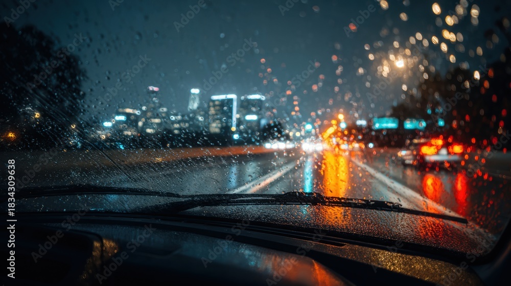 Obraz premium View from car windshield looking at wet road and blurred city lights at night through raindrops