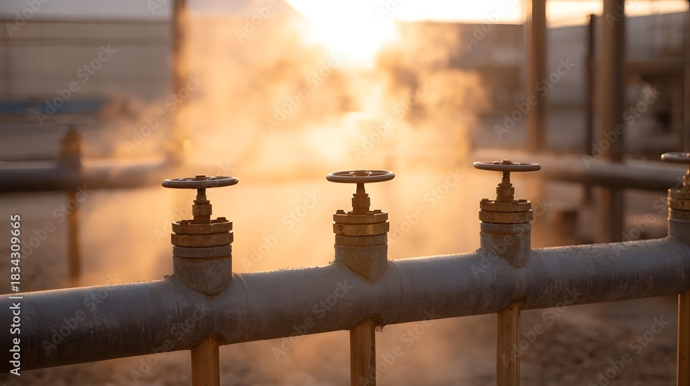 Naklejka premium Sunlit industrial pipeline with valves releasing steam at sunset