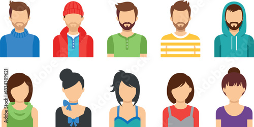 People Face Avatar Characters Vector Set Illustration Showing Men and Women Profiles with Different Hairstyles Clothing and Styles Flat Design Concept