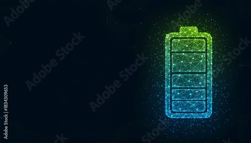 Futuristic glowing battery icon representing energy storage and modern technology on a dark digital background.