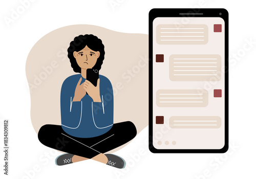 A woman sits and holds a phone. The correspondence is visible on the screen. Concept of chat, sms, service, technical support. Vector flat illustration.