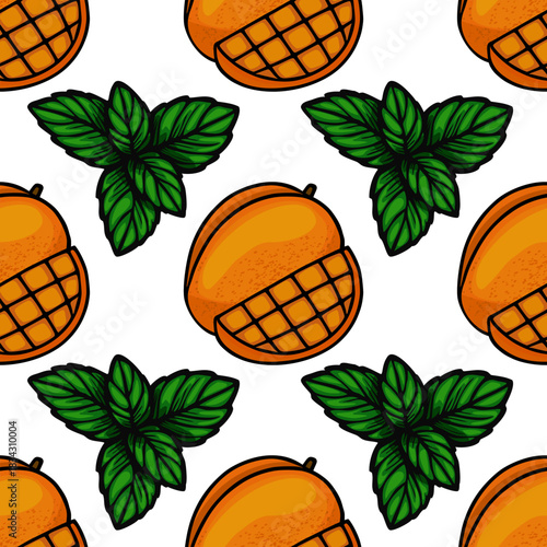 A vibrant, repeating vector pattern featuring sliced and whole ripe mangoes with fresh green mint leaves on a clean white background, ideal for tropical-themed designs.