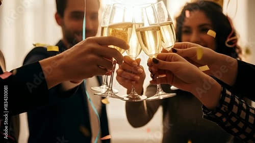 Celebrate success with friends sharing champagne in a bright, festive atmosphere