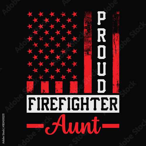 Proud dad of a firefighter cartoon fire truck illustration with Maltese cross badge axes distressed vertical stripe flag and bold yellow typography for first responder father gift t shirt design on bl