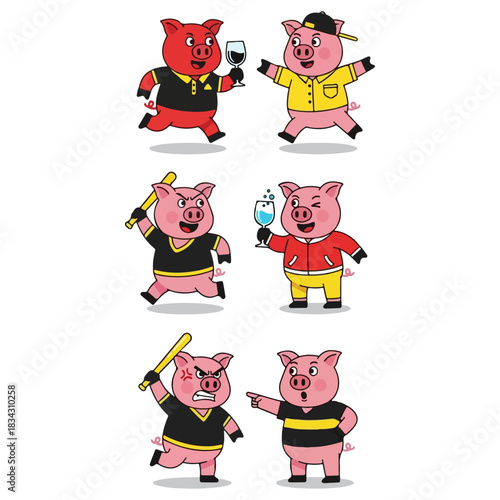 Chubby Pigs Characters Celebrating and Arguing in Various Poses Holding Drinks and Baseball Bats