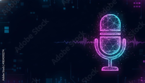 A glowing neon microphone icon with a sound wave emanating from it, set against a dark digital background.