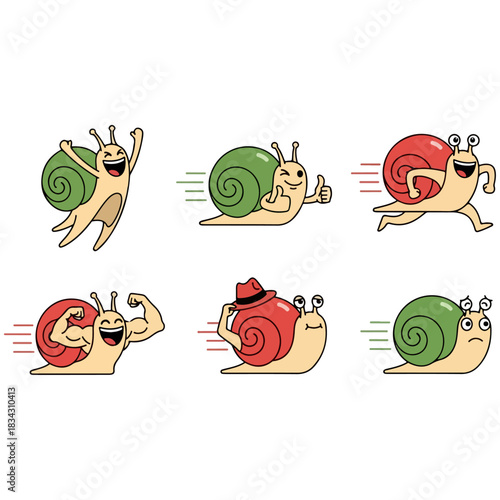 Set of six cartoon snails with different emotions and actions, happy, thumbs up, running, strong, surprised, and sad, vector illustration