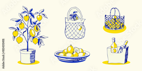 Lemon still life hand drawn illustration of summer fruits and beverages