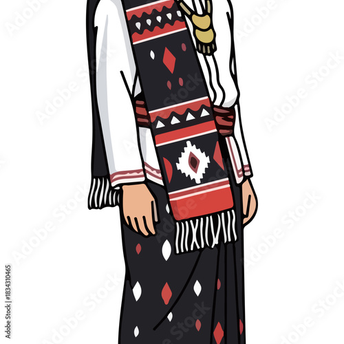 Stylized illustration of a person in traditional ethnic clothing adorned with vibrant woven textiles and cultural jewelry