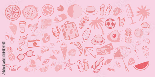 Summer vacation doodle pattern with tropical fruits and beach accessories in pink