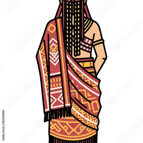 Traditional African Woman Warrior Costume Illustration, Richly Decorated Garments, Tribal Headdress, Fierce Warrior Depiction, Cultural Apparel, Vibrant Colors
