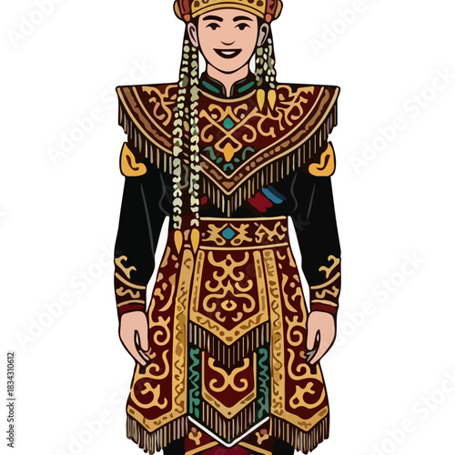 Traditional Mongolian Warrior Woman in Full Ceremonial Outfit with Elaborate Headwear and Braids