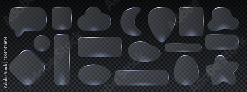 Set of transparent glass button frames in morphism style with smooth reflections and rounded shapes. Glass button morphism design is perfect for app icons, web panels, and minimal digital layouts.