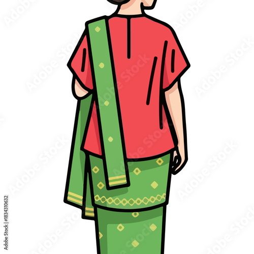 Back view of a woman in a traditional red top and green patterned skirt with a green dupatta draped over her shoulder