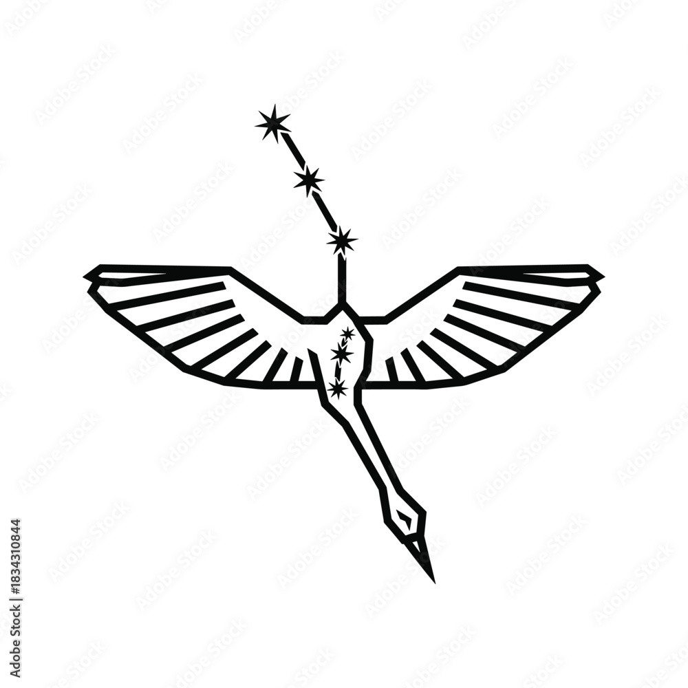 Naklejka premium Constellation crane abstract line art flying bird icon symbol logo