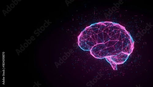 A glowing, abstract 3D model of a human brain composed of interconnected lines and dots, set against a dark background.