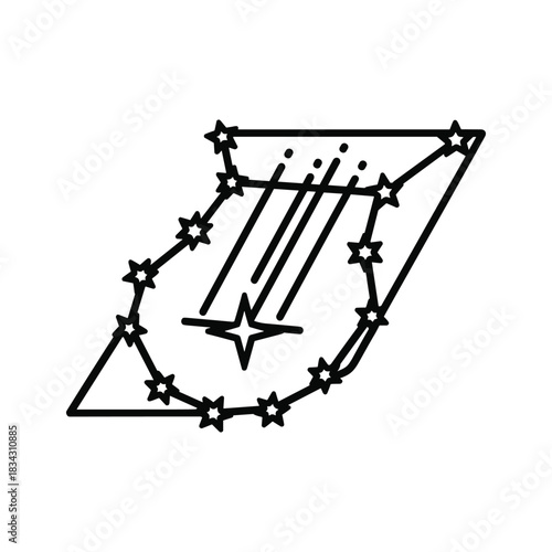 Lyra constellation with a shooting star, simple line art vector icon.