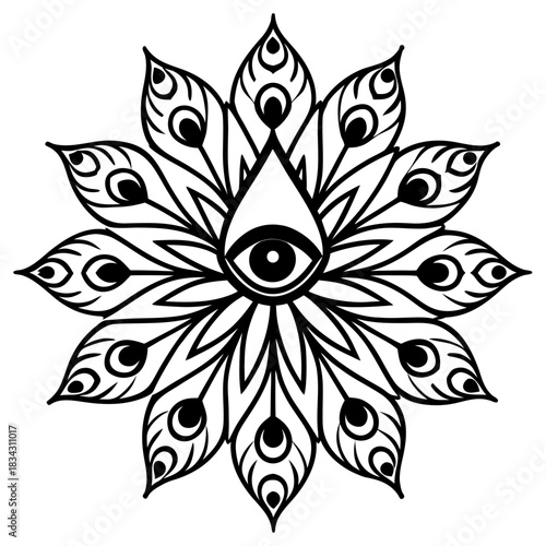 Black and white mandala with all seeing eye and peacock feather motifs