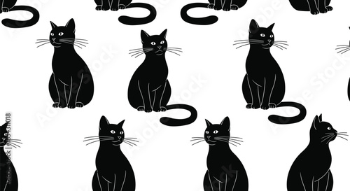 Elegant and sleek seamless vector pattern featuring sitting black cat silhouettes with white whiskers and tails, perfect for pet lovers, Halloween, and modern minimalist animal background designs
