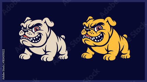 Two cartoon bulldogs with fierce expressions on a dark blue background