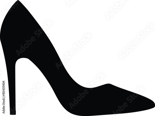 Elegant black silhouette vector icon of a classic stiletto high heel shoe with a pointed toe, symbolizing luxury, fashion, evening wear, sophistication, and stylish feminine accessory design