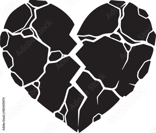 Black broken heart shape with white cracks cracked