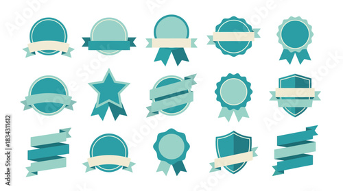 Stylish collection of teal and ivory badges and ribbons perfect for branding and promotional materials, originally designed as scalable vector graphics