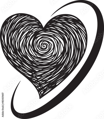 Black heart shape with swirling lines and orbital swoosh
