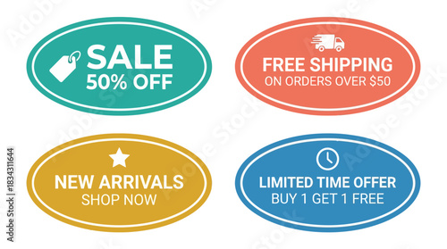 Eye-catching sale badges promotion offering 50% off, free shipping, new arrivals and limited time buy one get one deal