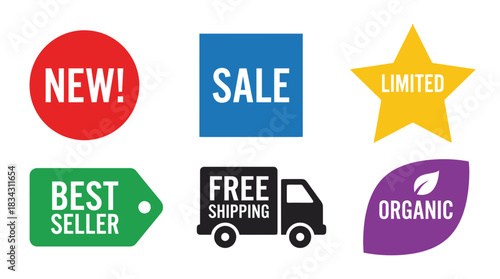 Boost Your Sales with Vibrant Badges Featuring New Arrivals, Sales, Limited Offers, Best Sellers, Free Shipping, and Organic Products