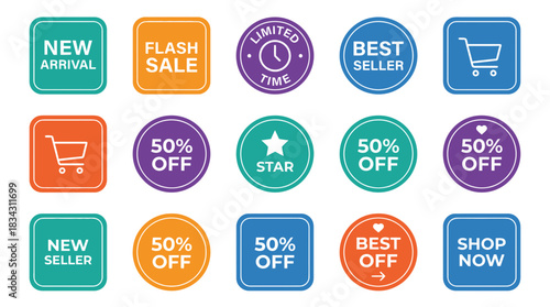 Boost your sales with eye-catching badges announcing new arrivals, flash sales, and limited time offers for a modern online store