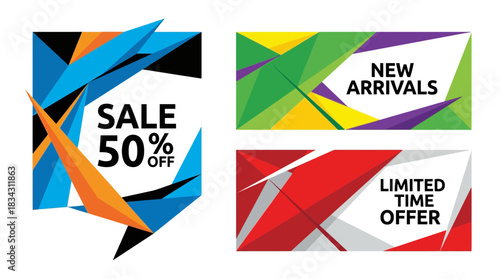 Bold geometric sale promotion with 50 percent off, new arrivals, and limited time offer for eye-catching marketing campaigns