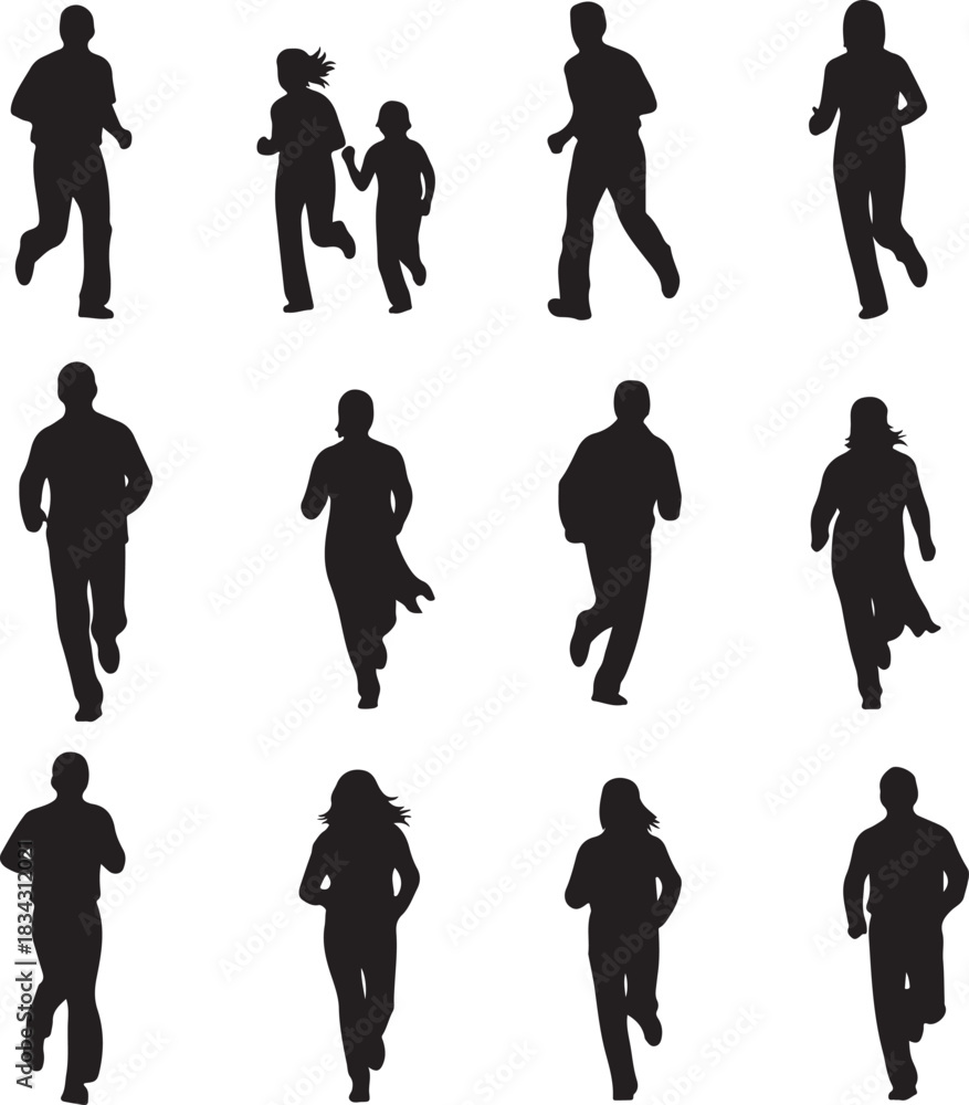 Obraz premium Twelve Black Silhouettes of People Running runners