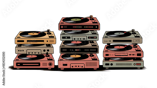 Vintage Turntables Stacked: An artful composition of retro turntables stacked in a stylish arrangement, creating a nostalgic symphony of analog music players.