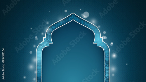 Islamic background with mosque arch in light effect design and islamic pattern
