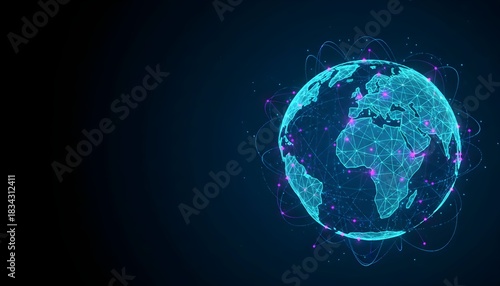 Digital representation of the Earth with connected dots, symbolizing global networks and data.