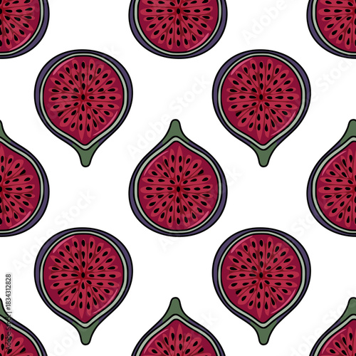 Seamless vector pattern of ripe fig halves with vibrant pink flesh and black seeds, set against a clean white background.