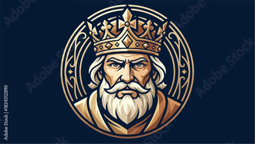 Majestic King Portrait Emblem with Golden Crown and Regal Beard.