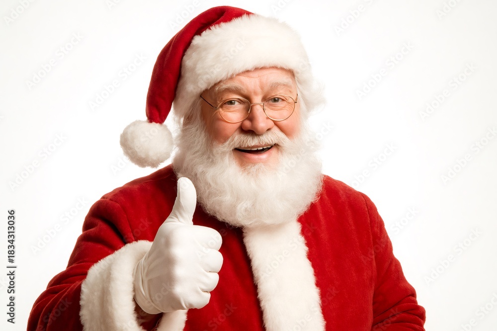 Naklejka premium Santa Claus dressed in a red suit and hat, with a white beard and glasses, giving a thumbs up gesture, looking at camera