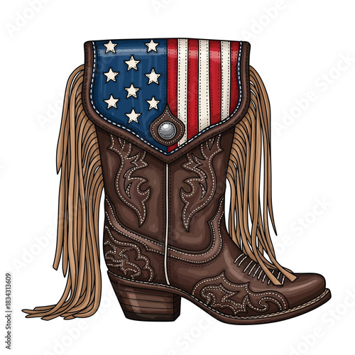 Ornate brown leather cowboy boot with a patriotic American flag cuff and flowing fringe accent