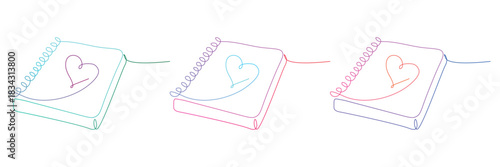 Three colorful notebooks with heart design in continuous line drawing style creating a love of learning and writing experience for students and artists
