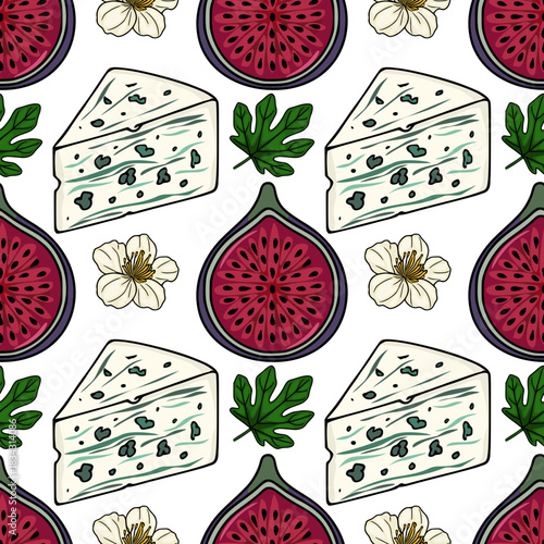 Seamless vector pattern featuring ripe figs, wedges of blue cheese, and delicate white flowers, arranged with fresh fig leaves on a clean white background.