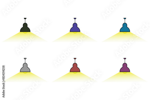 Colorful ceiling lamps casting warm yellow light create a modern ambient look. Minimal hanging fixtures add style to interior lighting illustrations. Perfect for decor concepts and graphic projects.