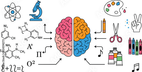 Conceptual Left and Right Brain Hemispheres Vector Illustration Showing Logic, Science, Math, Creativity, Art, and Music, Symbolizing Cognitive Functions and Balanced Thinking.