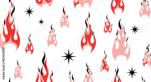 Vibrant Retro Fire Flames and Star Shapes Seamless Vector Pattern Background with Hot Rod and Rockabilly Style Elements, Ideal for Apparel, Wallpaper, and Abstract Graphic Design